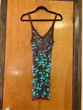 Brown Crochet Sequin Sheer Tank Dress with Sequins